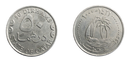 A qatar fifty dirhams coin on a white isolated background