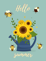 Postcard bouquet of sunflowers in a blue watering can and four cute bees on a green background. Vector illustration, cartoon style.