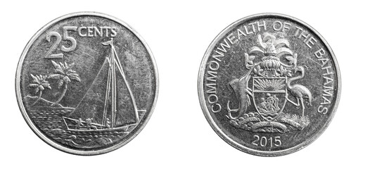 Bahamas twenty five cents coin on white isolated background