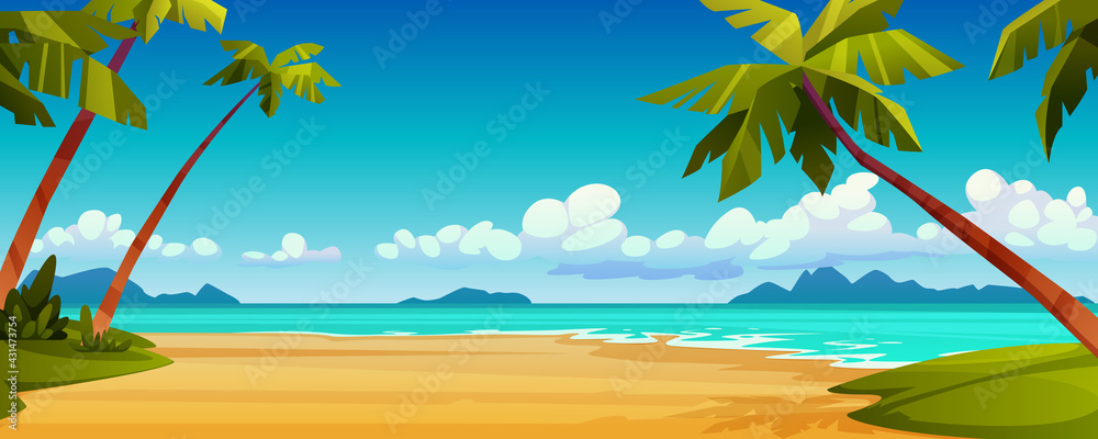 Wall mural Cartoon summer beach, ocean or sea shore, paradise with yellow sand, palm and blue tranquil water. Vector landscape scenery, tourist holiday vacation place for rest. Seaside seashore, tropical trees