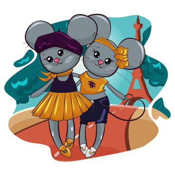 Vector sticker of a mouse girlfriend walking in Paris. Cartoon cute mouse girls together. Illustration drawn funny animals for a walk