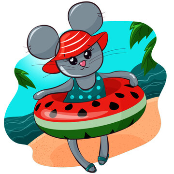 Vector sticker gray mouse child with an inflatable ring on the beach. Cartoon image of a mouse on the beach on a sunny day
