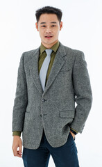 Male short black hair, dark eyebrows, Chinese eyes, wearing olive green shirt, gray tie, dark gray...