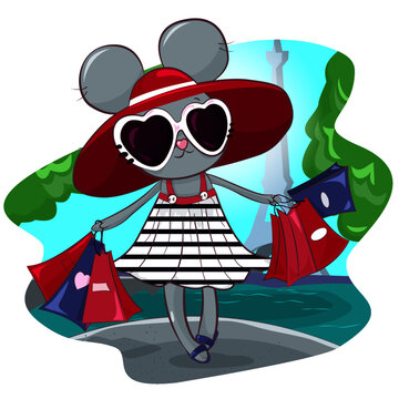Vector illustration in cartoon style, mouse girl with purchases, shopping in Paris. Mouse Parisian in a striped dress with bags
