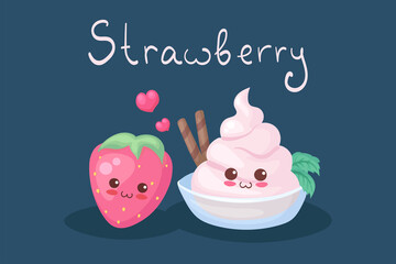 Cute Strawberry Ice Cream and Berry Characters with hand drawn lettering. Kawaii food characters. Children menu, fabric print, card, nursery decoration, baby shower invitation concept. Smiling sweets.
