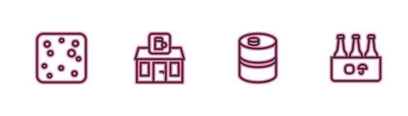Set line Beer bubbles, Metal beer keg, Store building of shop and Pack bottles icon. Vector