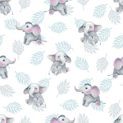little elephants and tropical leaves seamless pattern 