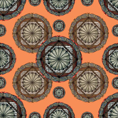 Fototapeta na wymiar Seamless pattern with colorful abstract circles on orange background.