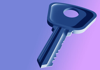 Large 3D image of the lock key. A gray key on a lilac background. The key to the lock next to the...