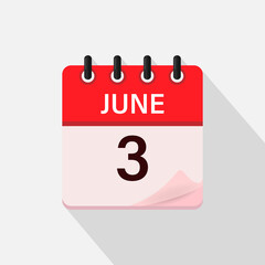 June 3, Calendar icon with shadow. Day, month. Flat vector illustration.