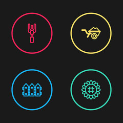 Set line Garden fence wooden, Sunflower, Wheelbarrow with dirt and rake icon. Vector