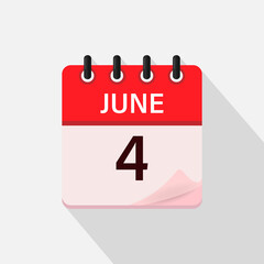 June 4, Calendar icon with shadow. Day, month. Flat vector illustration.