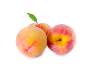 three peach fruits with leaf on white background.