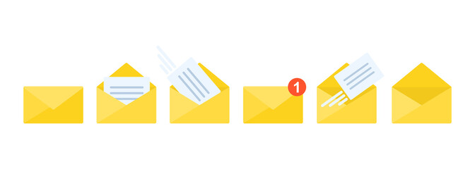 Set of mail flat icons. Opened and closed envelope with note paper card. Mail notification icons.