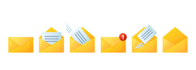 Set of mail icons with simple gradient. Opened and closed envelope with note paper card. Mail notification icons.
