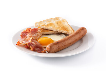 Traditional American breakfast with fried egg,toast,bacon and sausage isolated on white background
