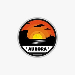 Obraz premium Sea logo with ship silhouettes and sunset