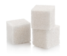 Close-up of three white sugar cubes, isolated on white background