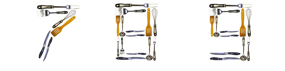 Numbers 7, 8, 9 made from kitchen utensils