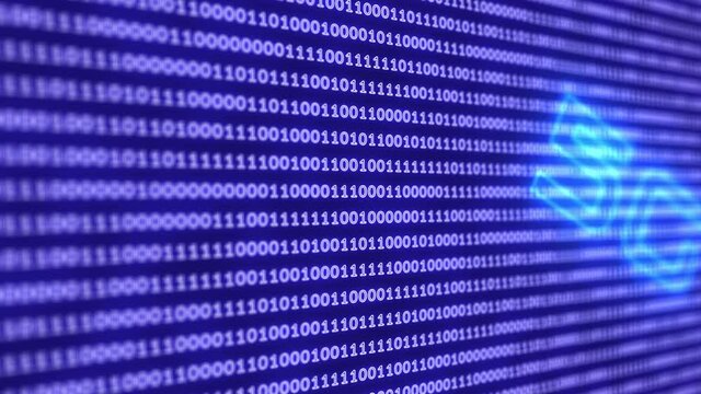 5G telecommunications network technology future concept, name text intro on blue binary code grid abstract numbers background