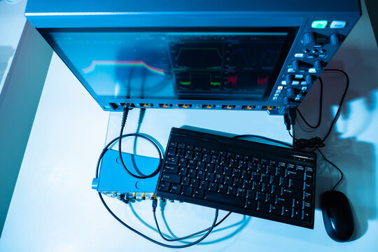 Modern electronic equipment. Measuring instrument in the laboratory. Measurement and data collection in a scientific laboratory. Equipment with measuring devices. Scientific Research and development.