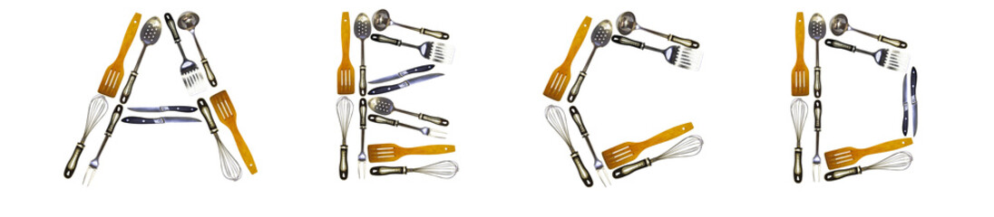 The letters A, B, C, D are made from kitchen utensils