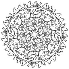 Contour mandala with fabulous flying birds and clouds, magic coloring page with fantasy characters