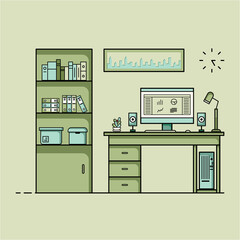 Working table flat design, Concept of working desk interior with furniture. Work room with computer, desktop, table, chair, book, and stationary equipment. Work from home cartoon illustration.