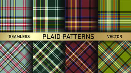 Seamless vector multicolor plaid patterns. Set of 8 tartan backgrounds. Collection of stylish geometric designs for fabric, textile, wrapping etc.