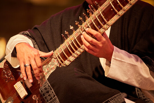 A man playing on an Indian Sitar, close-up