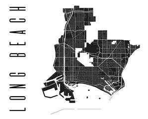 Long Beach map. Detailed map of Long Beach city poster with streets. Cityscape vector. - obrazy, fototapety, plakaty