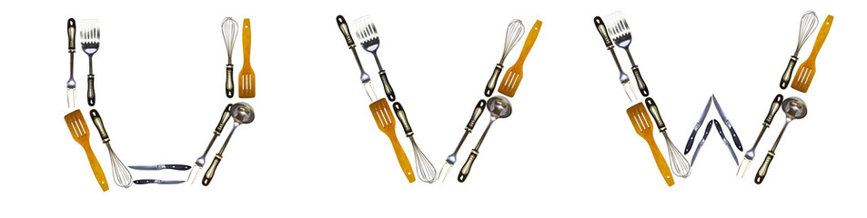 The letters U, V, W are made from kitchen utensils