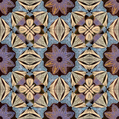 Tapestry seamless pattern. Vector ornamental textured background. Colorful floral tribal ethnic ornaments. Embroidered repeat design. Grunge endless texture. Embroidery flowers, leaves, shapes, lines