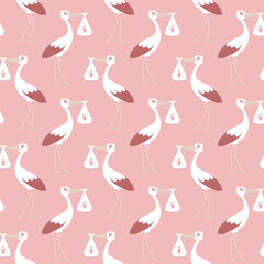 Endlosmuster Storch Mit Baby Mädchen Rosa