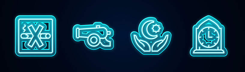 Set line No Smoking, Ramadan cannon, Star and crescent and Clock. Glowing neon icon. Vector
