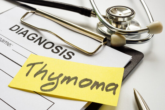 Diagnosis form and thymoma sign and stethoscope.