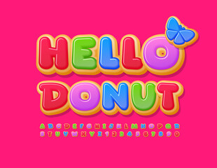 Vector greeting poster Hello Donut with Decorative Butterfly. Bright glazed Font. Sweet Alphabet Letters and Numbers set