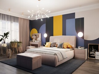 3d rendering of luxury bedroom in blue interior wallpaper with geometric ornament