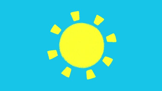 Bright yellow hand painted sun on a blue background, stop motion animation