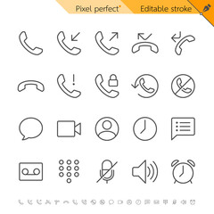Fototapeta premium Phone and communication thin line icon set for call, voicemail and contact interface. Pixel perfect. Editable stroke.