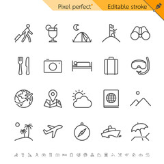 Travel and vacation thin line icon set for tourism and holiday activities. Pixel perfect. Editable stroke.