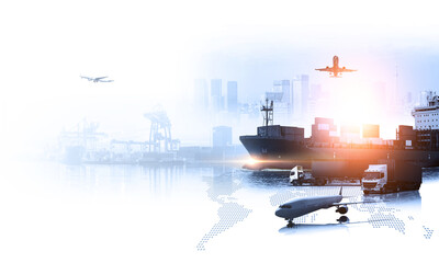 Global business of Container Cargo freight ship for Business logistics concept, Air cargo trucking, Rail transportation and maritime shipping, Online goods orders worldwide