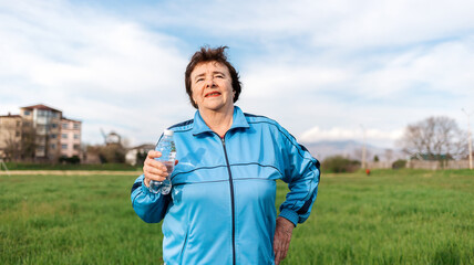 Naklejka premium The concept of the International Day of Older Persons. Portrait of an elderly smiling woman in sports clothes, holding a bottle of water. Outdoor activities
