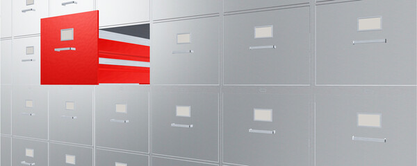 Silberner Aktenschrank mit geöffneter roter Schublade Banner Hintergrund