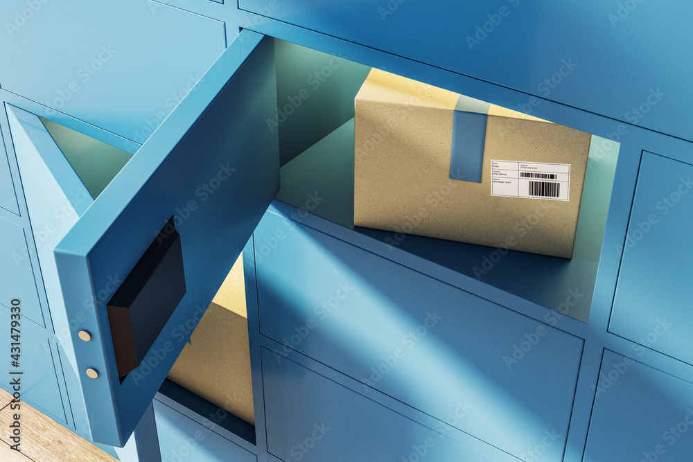 Poster pick point service concept with blue terminal for issuing goods purchased from online store