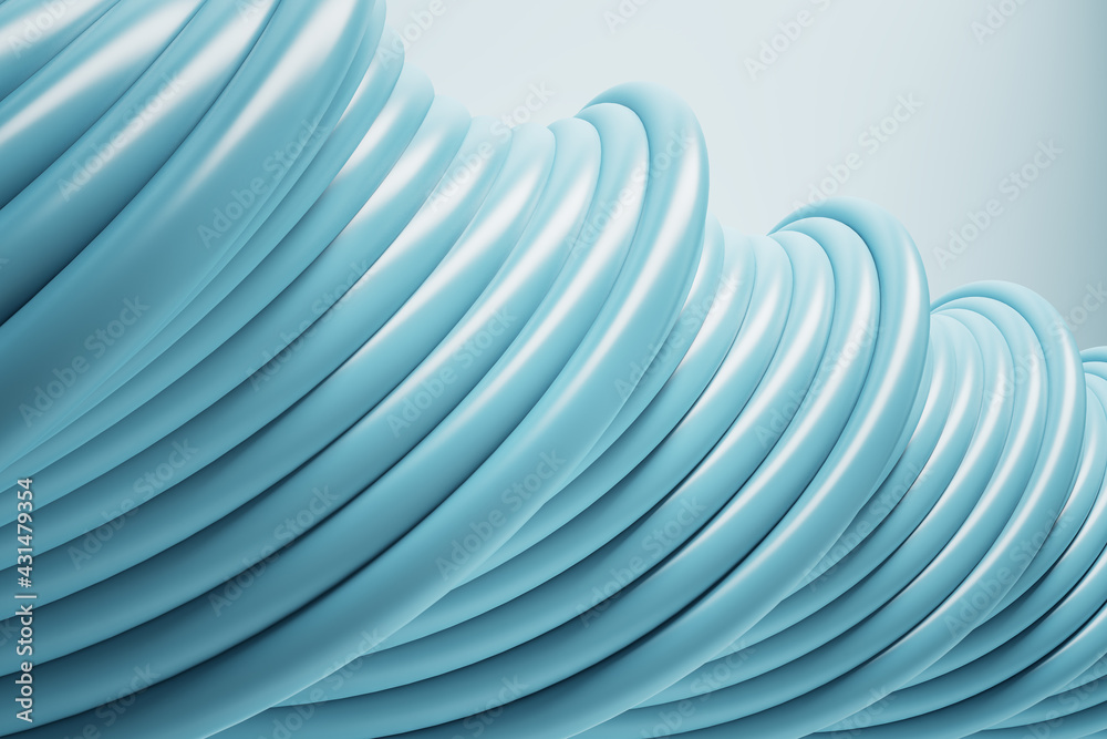 Poster Light blue spiral pattern made of multiple wires on a light blue background closeup. Wallpaper and background presentation design concept, 3d rendering