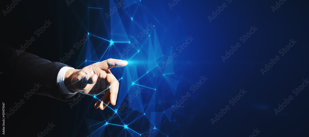 Poster Abstract technology network illustration concept with blank dark backdrop with businessman hand on digital touch screen with abstract geometrical figure. Mock up