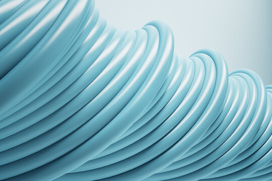 Light blue spiral pattern made of multiple wires on a light blue background closeup. Wallpaper and background presentation design concept, 3d rendering