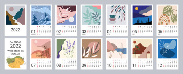 Calendar template for 2022. Vertical design with abstract natural patterns. Editable illustration, set of 12 months with cover. Vector mesh. Week starts on Sunday