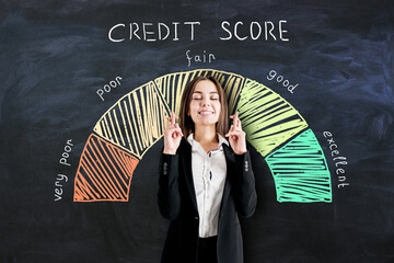 Bank loan concept with businesswoman crossing her fingers on blackboard background with credit...